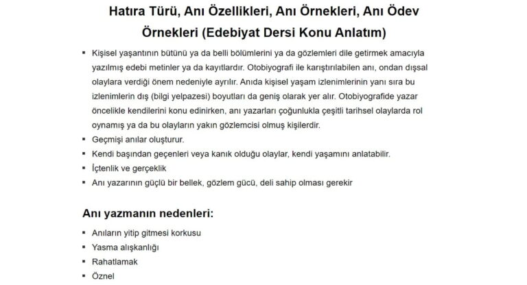 Hatıra Türü – Anı Özellikleri ve Ödev Örnekleri