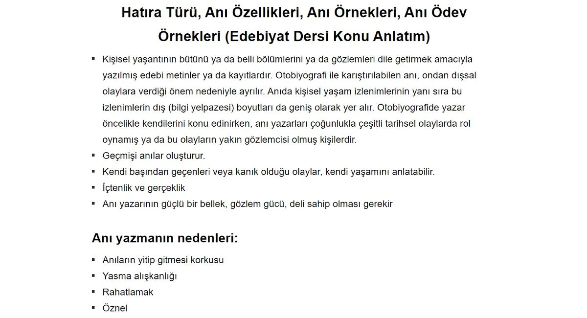 Hatıra Türü, Anı Özellikleri, Anı Örnekleri, Anı Ödev Örnekleri