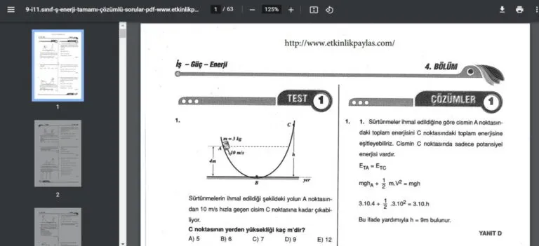 İş Güç Enerji Çözümlü Sorular – PDF – 10. Sınıf