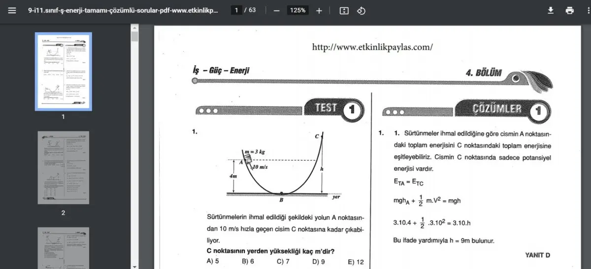 İş Güç Enerji Çözümlü Sorular – PDF – 11. Sınıf