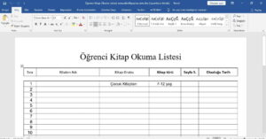 Kitap Okuma Listesi / Çizelgesi – Sınıf Kitap Okuma Formu