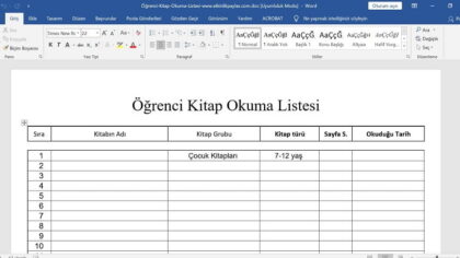 Kitap Okuma Listesi / Çizelgesi – Sınıf Kitap Okuma Formu