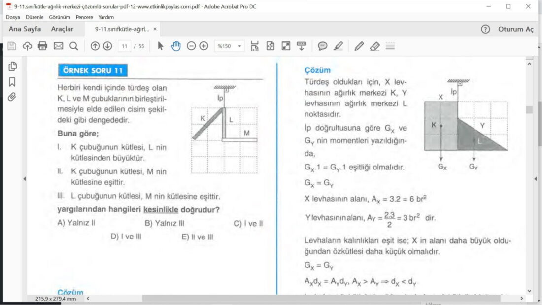 Kütle ve Ağırlık Merkezi Çözümlü Soruları – PDF