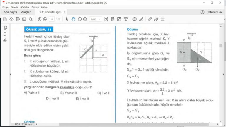 Kütle ve Ağırlık Merkezi Çözümlü Soruları – PDF