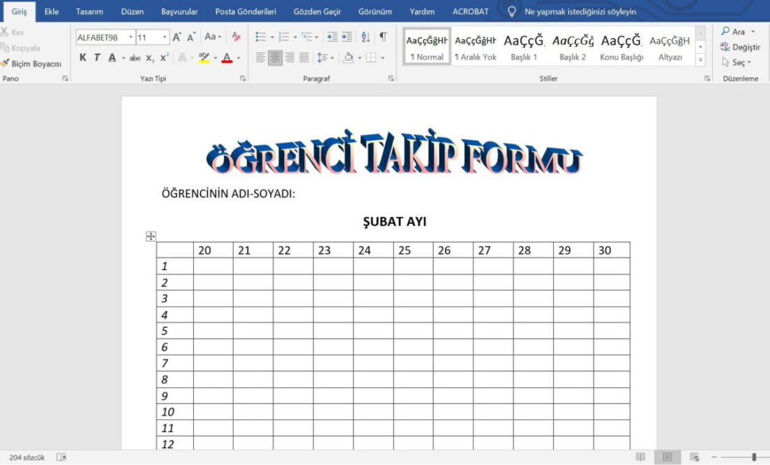 Öğrenci Davranış Takip Formu – Veliler için – word