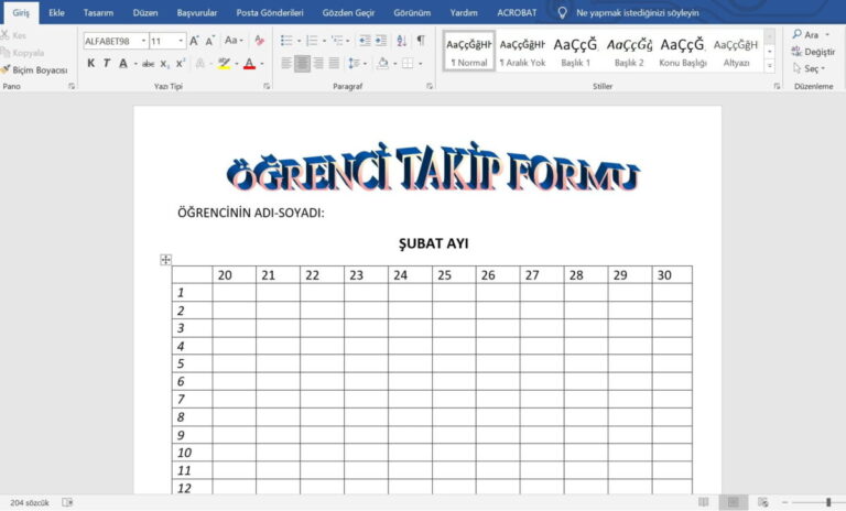 Öğrenci Davranış Takip Formu – Veliler için – word