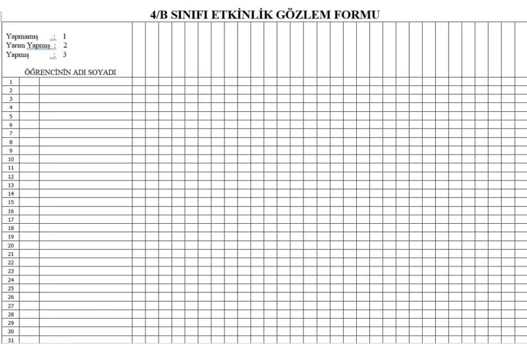Öğrenci Etkinlik Gözlem Formu – Excel