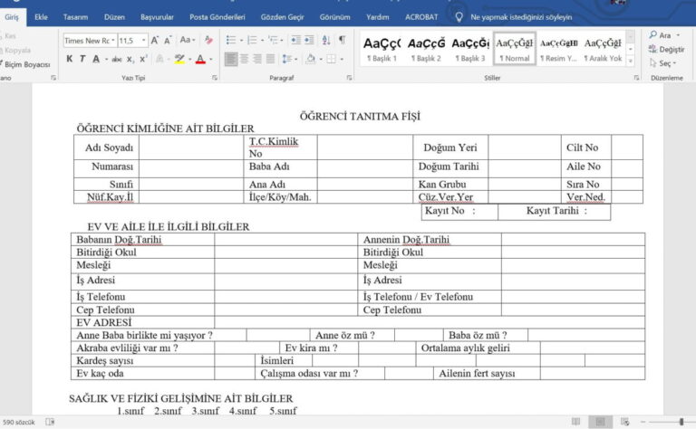 Öğrenci Tanıma Fişi – Öğrenci Tanıma Formu – Word