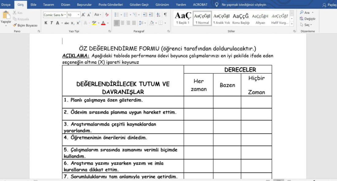 Öğrenciler için Öz Değerlendirme Formu – word – doc