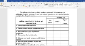 Öğrenciler için Öz Değerlendirme Formu – word – doc