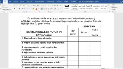 Öğrenciler için Öz Değerlendirme Formu – word – doc