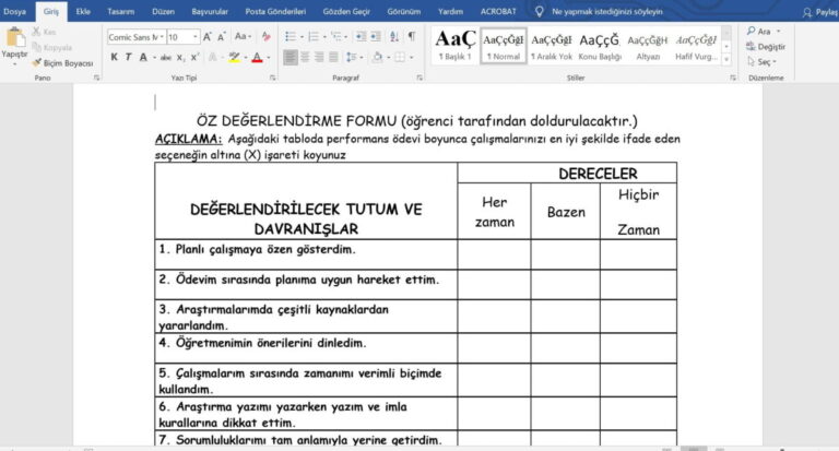 Öğrenciler için Öz Değerlendirme Formu – word – doc