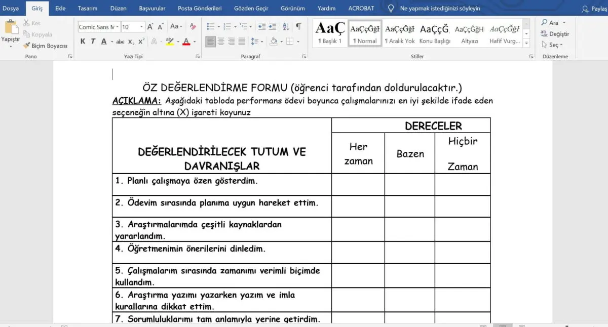 Öğrenciler için Öz Değerlendirme Formu - word - doc