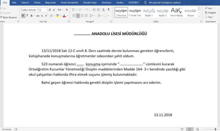 Word ile Öğrenci Disiplin Dilekçesi Hazırlama – Örnek