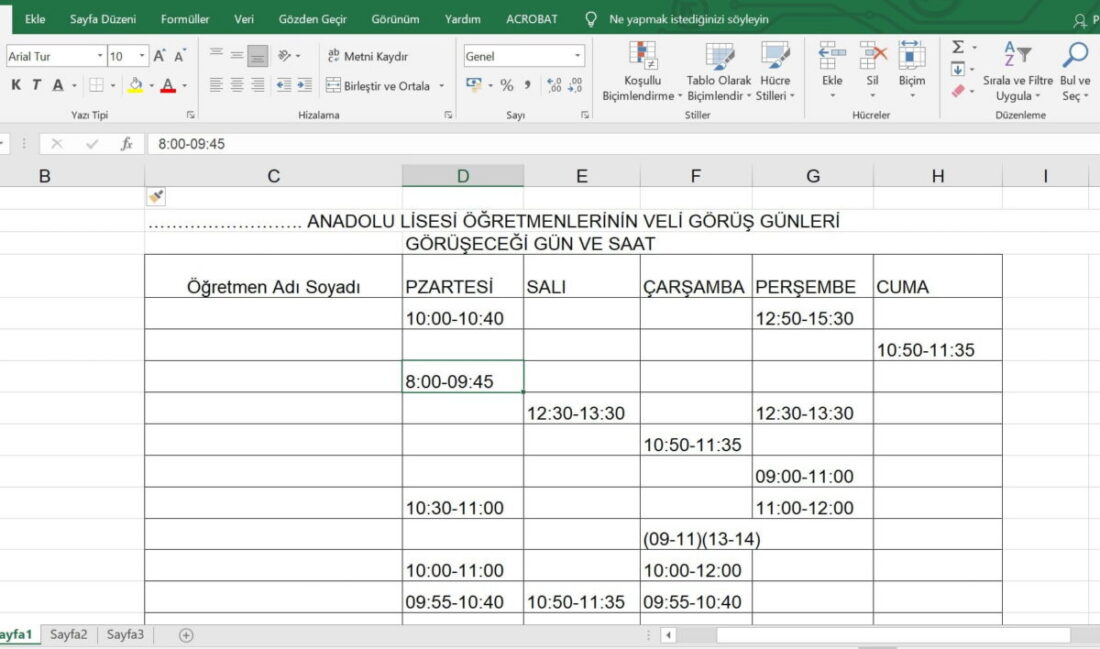 Öğretmenleri Veli ile Görüşmeleri için Gün ve Saatler Çizelgesi – Excel