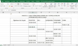 Öğretmenleri Veli ile Görüşmeleri için Gün ve Saatler Çizelgesi – Excel