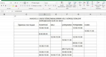 Öğretmenleri Veli ile Görüşmeleri için Gün ve Saatler Çizelgesi – Excel