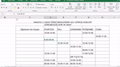 Öğretmenleri Veli ile Görüşmeleri için Gün ve Saatler Çizelgesi – Excel