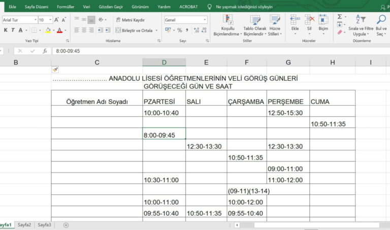 Öğretmenleri Veli ile Görüşmeleri için Gün ve Saatler Çizelgesi – Excel