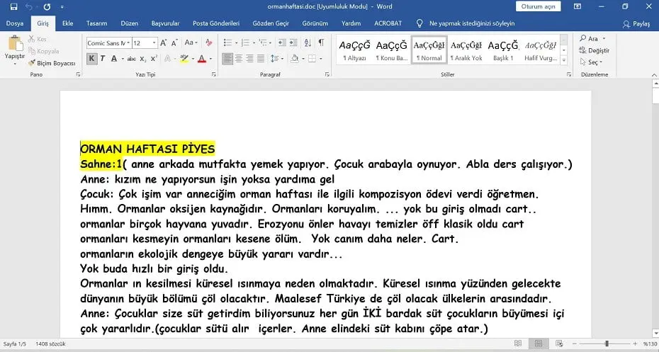 Orman Haftası Kutlama Etkinlikleri – Şiir, Piyes, Yazı – word