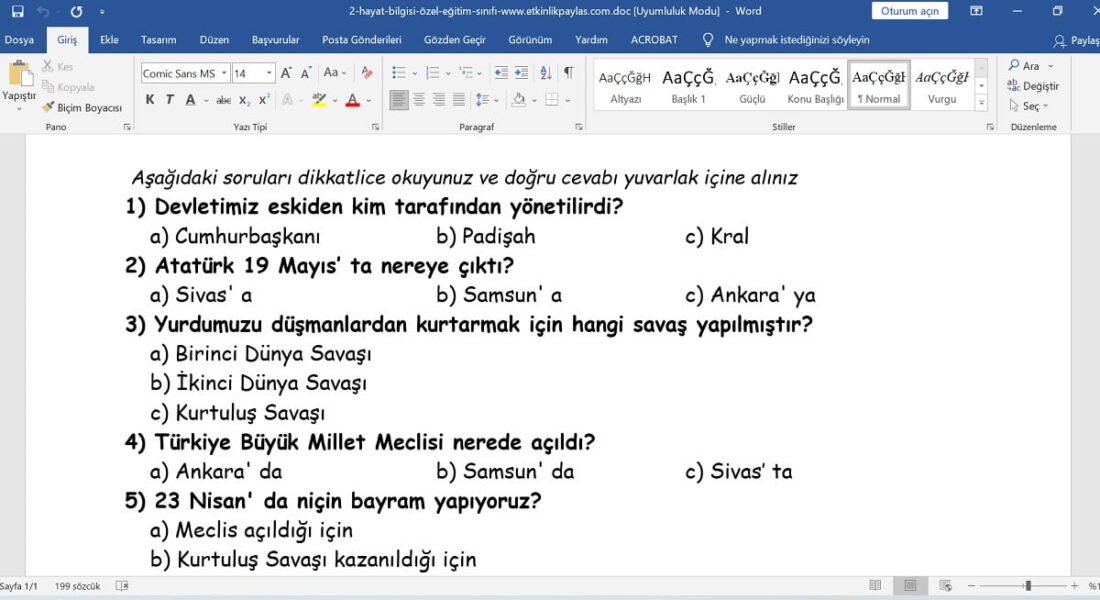 Özel Eğitim Sınıfları için Hayat Bilgisi Değerlendirme Sınavı