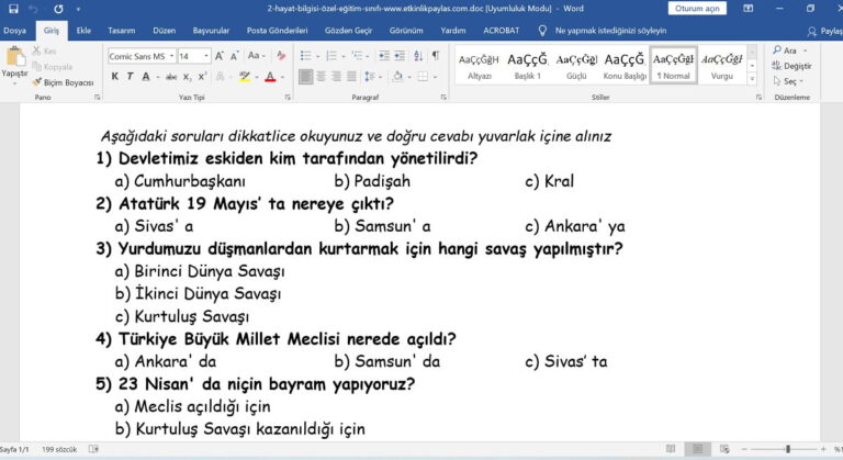 Özel Eğitim Sınıfları için Hayat Bilgisi Değerlendirme Sınavı