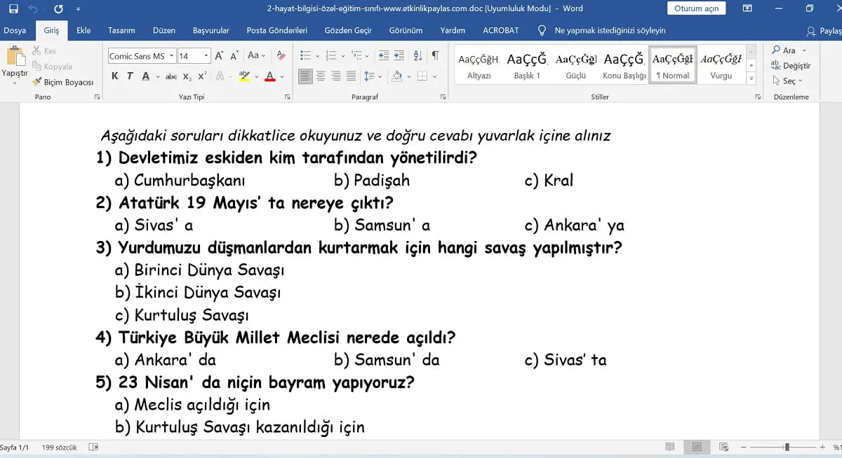 Özel Eğitim Sınıfları için Hayat Bilgisi Değerlendirme Sınavı