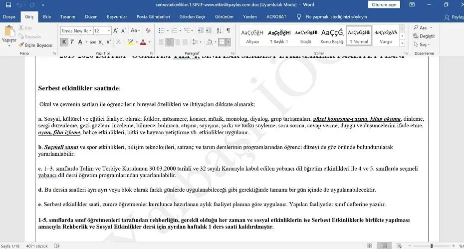 Serbest Etkinlikler Faaliyeti Yıllık Planı