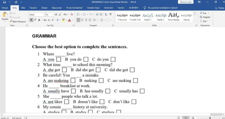 Simple Tenses Test- S.present, P.Cont. & S.past – word