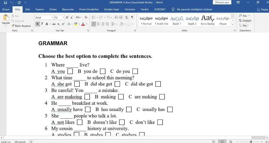 Simple Tenses Test- S.present, P.Cont. & S.past – word