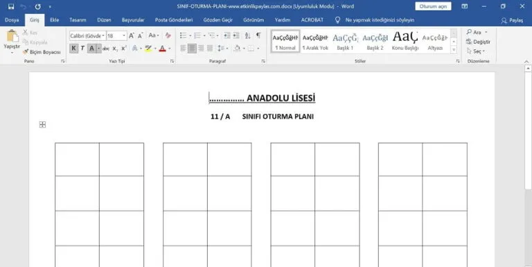 Sınıf Oturma Planı Word Şablonu – İndir, Düzenle, Yazdır