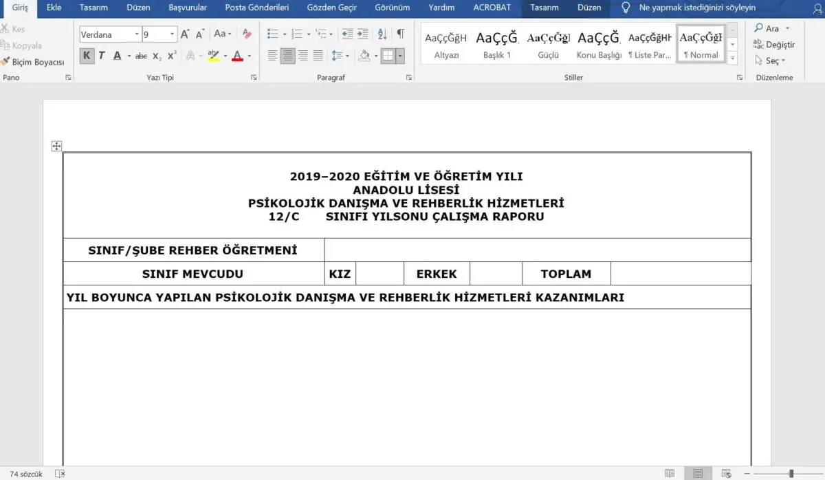 Sınıf Rehber Öğretmeni için Rehberlik Yıl Sonu Raporu
