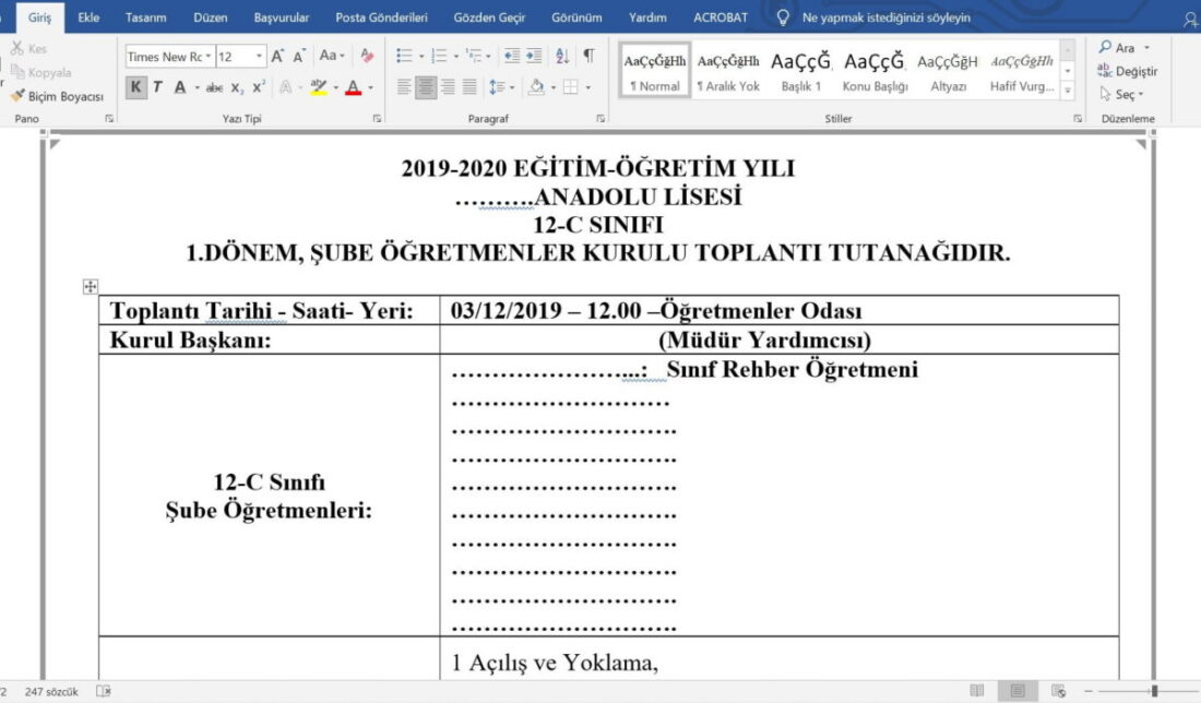 Şube Öğretmenler ŞÖK Toplantı Tutanağı – Maarif Modeli Uyumlu Word Şablonu