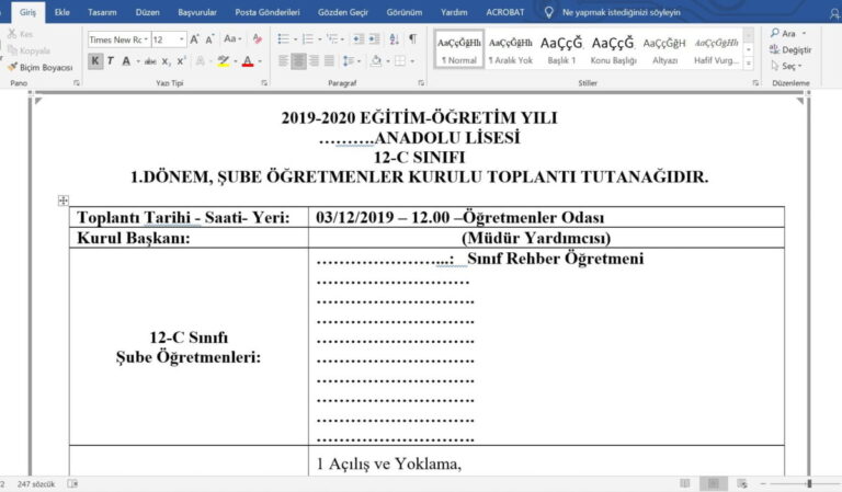 Şube Öğretmenler ŞÖK Toplantı Tutanağı – Maarif Modeli Uyumlu Word Şablonu