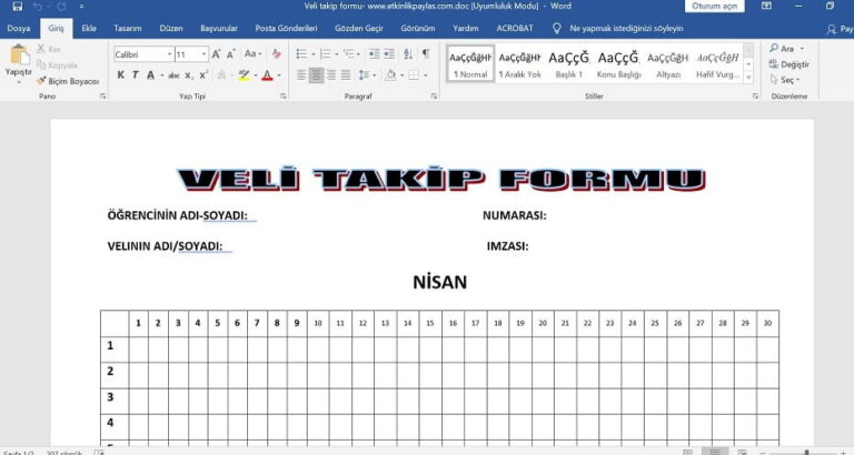Veli Takip Formu – Word – doc