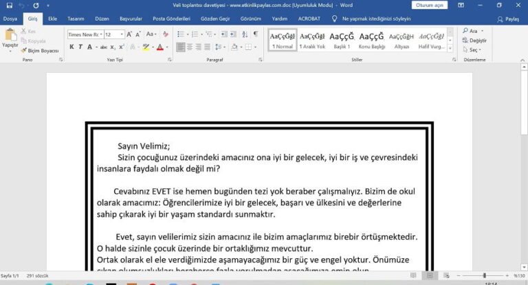 Veli Toplantı Davetiyesi Örneği – word
