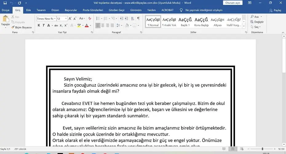 Veli Toplantı Davetiyesi Örneği