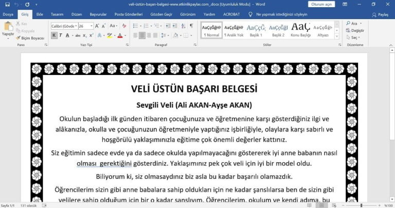 Veli Üstün Başarı Belgesi Word: Öğretmenler İçin Hazır Şablon