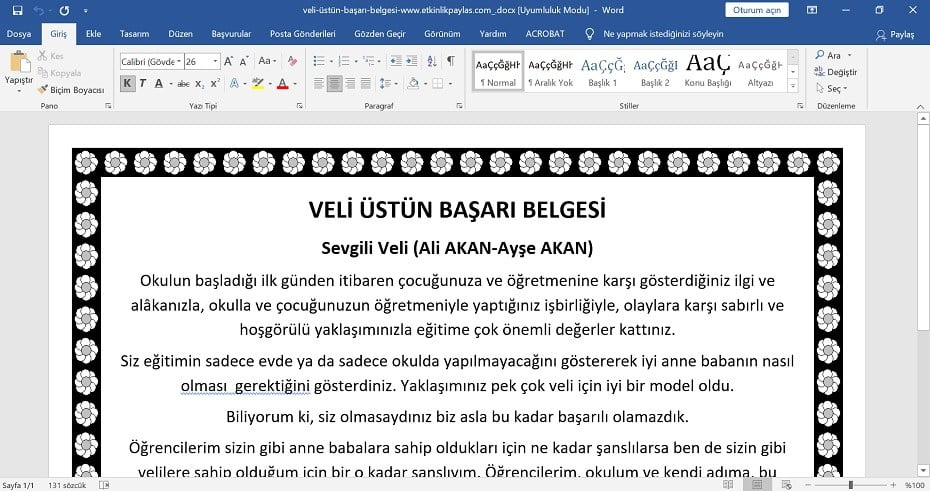 Veli Üstün Başarı Belgesi