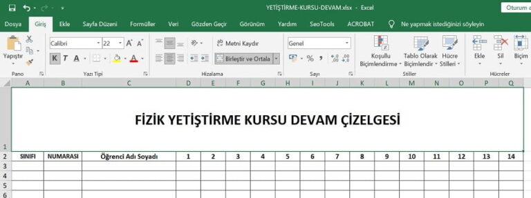 Yetiştirme Kursu Öğrenci Devam Takip Çizelgesi – Excel