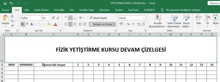 Yetiştirme Kursu Öğrenci Devam Takip Çizelgesi