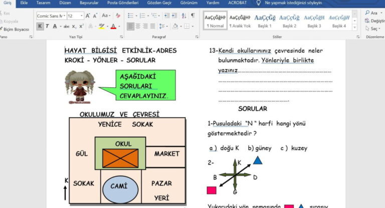 Adres, Kroki, Yönler Testi – Hayat Bilgisi – 3. Sınıf