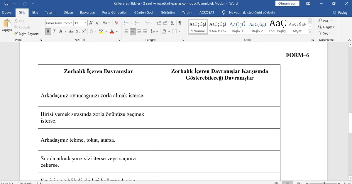 Zorbalık Tespit Etkinliği – Rehberlik – Anket