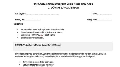 9. Sınıf Fizik 2. Dönem 1. Yazılı Sınav Soruları ve Cevap Anahtarı – 2026