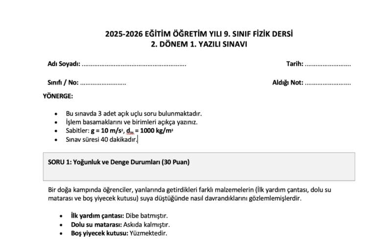 9. Sınıf Fizik 2. Dönem 1. Yazılı Sınav Soruları ve Cevap Anahtarı – 2026