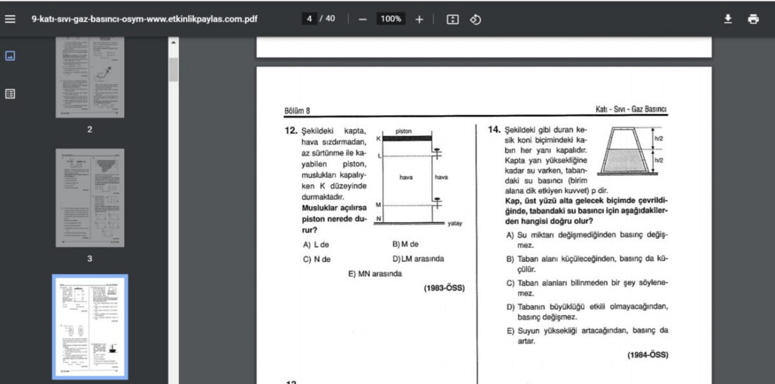Katı Sıvı Gaz Basıncı ÖSYM Soruları Çözümleri – PDF