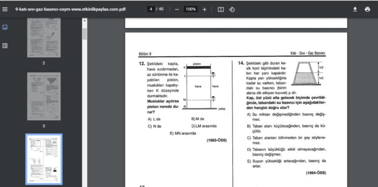 Katı Sıvı Gaz Basıncı ÖSYM Soruları Çözümleri – PDF
