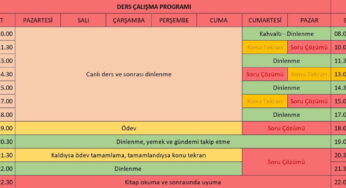 9-10-11. Sınıf Ders Çalışma Programı – Excel