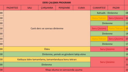 9-10-11. Sınıf Ders Çalışma Programı – Excel