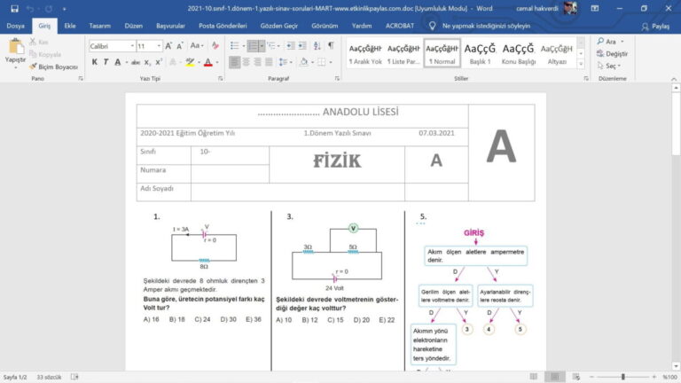 10. Sınıf Fizik 1. Dönem 1. Yazılı Sınav Soruları – word – 2 Adet